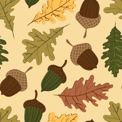 oak, leaves and acorns, colorful autumn seamless pattern. Forest fall botanical texture tor textile
