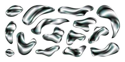 3D chrome liquid shapes set. Silver metallic blobs and fluid splashes with holographic texture and glossy finish. Abstract Y2K aesthetic with futuristic organic forms. isolated elements. vector