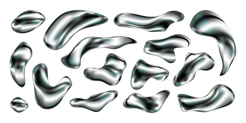 3D chrome liquid shapes set. Silver metallic blobs and fluid splashes with holographic texture and glossy finish. Abstract Y2K aesthetic with futuristic organic forms. isolated elements.