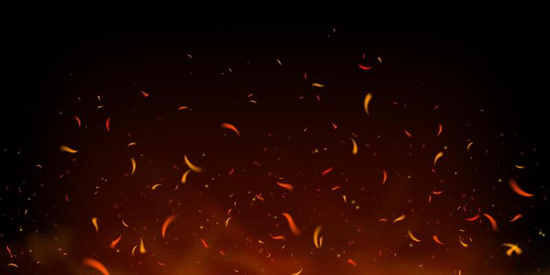 Hot embers and flying fire sparks rise in dark smoky background. Glowing particles and red flames evoke heat and power. Perfect for grill, bonfire or fireplace themes. Realistic illustration.