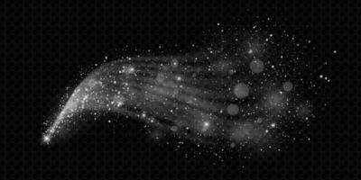 Silver glitter dust trail with glowing particles and sparkling stars. Shimmering swirl on dark background. Ideal for Christmas, New Year or magical celebration themes. Elegant illustration. vector