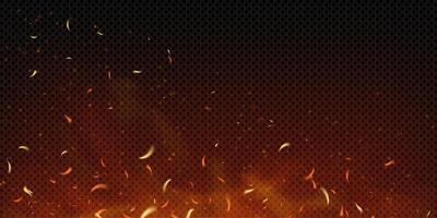 Realistic fiery background with sparks, embers and smoke rising from burning wood. Hot flames glow in orange and red. Danger, apocalypse or industrial explosion theme bg. illustration vector