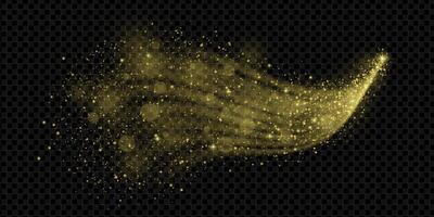 Golden magic dust trail with glitter, sparkles and stardust swirl on dark background. Bright shimmering wave with festive glow. Perfect for Christmas, holiday or fantasy themed design. vector