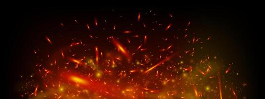 Burning embers and glowing sparks fly in dark smoky background. Fiery texture with red flames and ash creates intense heat and industrial power mood. Realistic illustration for fire themes. vector