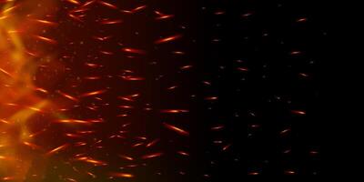 Glowing fire sparks and embers rise in dark smoky background. Hot flame, flare and burning particles evoke intense heat. Perfect for grill, fireplace or explosion themes. Realistic overlay. vector