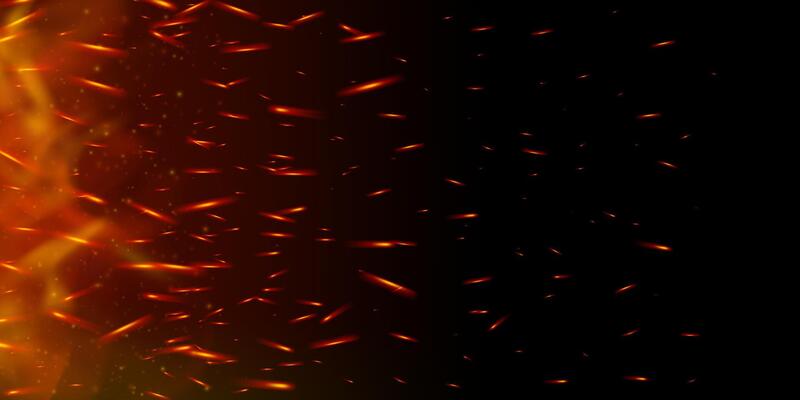 Glowing fire sparks and embers rise in dark smoky background. Hot flame, flare and burning particles evoke intense heat. Perfect for grill, fireplace or explosion themes. Realistic overlay.