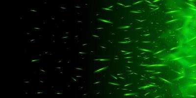 Glowing green flame with dynamic sparks and magical particles. Dark smoky background with neon shine, fairy dust and toxic mist. Abstract fantasy fire with hot embers and night glow. vector
