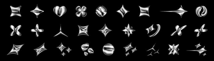 3D chrome icons in Y2K style. Silver metal star, heart and sphere shapes with glossy surface and holographic gradient. Abstract futuristic Isolated set elements with sparkle, fluid form and retro vibe vector