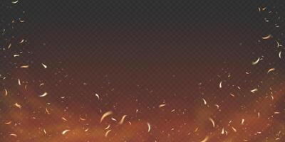 Fiery background with flying sparks and glowing embers. Dark smoky atmosphere with burning wood and glowing particles. Dramatic powerful apocalyptic design. Realistic and intense. vector