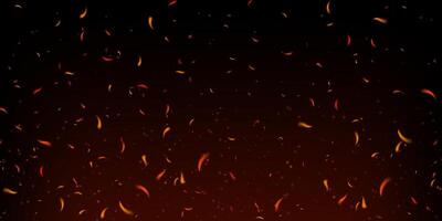 Glowing fire sparks and flying embers on dark smoky background. Fiery particles and red flame texture evoke heat, danger and explosion. Perfect for bonfire, grill or power themes. Realistic art vector
