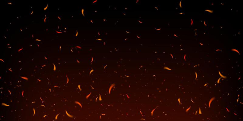 Glowing fire sparks and flying embers on dark smoky background. Fiery particles and red flame texture evoke heat, danger and explosion. Perfect for bonfire, grill or power themes. Realistic art
