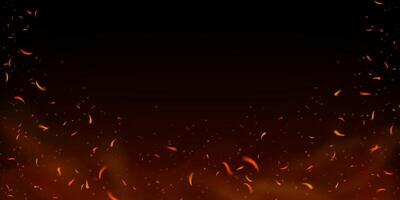 Fiery sparks and embers flying upward on dark background. Glowing flame effect with smoke, ash and burning particles. Perfect for fireplace, grill or industrial fire concepts. Realistic overlay vector