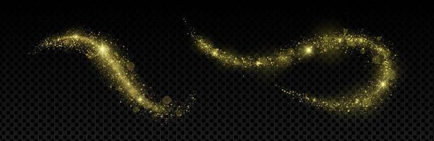 Golden glitter dust set with stars, sparkles and glowing light trails. Swirling wave effect with shimmer, flare and bokeh. Festive abstract background for xmas, night sky or fantasy themes. EPS vector