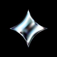 3D chrome star with silver metallic shine and holographic sparkle. Y2K inspired abstract shape features glossy fluid texture, cosmic twinkle and futuristic burst. Isolated on dark background. vector