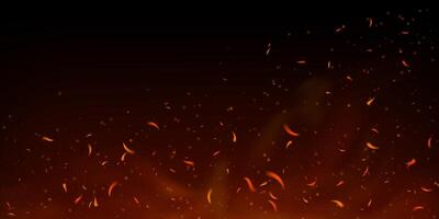 Glowing fire sparks and embers rise from burning wood on dark background. Fiery particles and smoke create hot dynamic atmosphere. Perfect for grill, bonfire or fireplace themes. Realistic effect. Eps vector