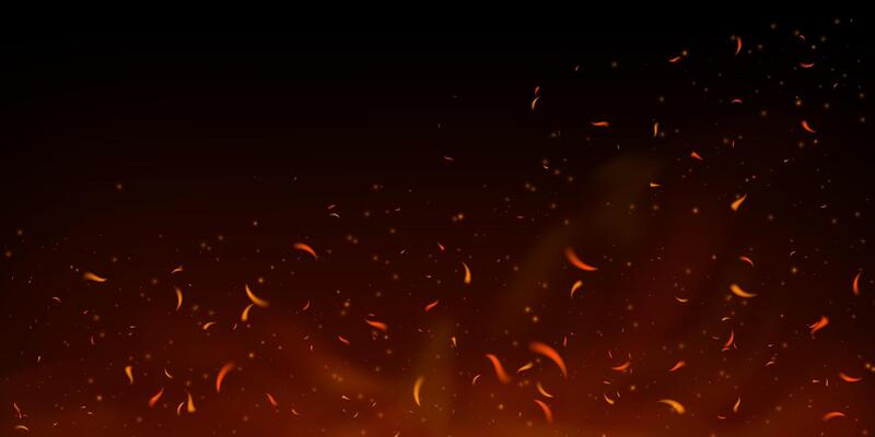 Glowing fire sparks and embers rise from burning wood on dark background. Fiery particles and smoke create hot dynamic atmosphere. Perfect for grill, bonfire or fireplace themes. Realistic effect. Eps