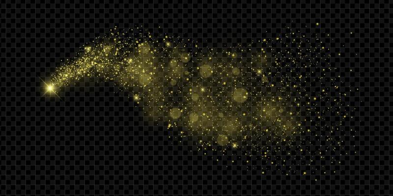 Golden glitter dust trail with glowing particles, sparkles and starry swirl. Bright festive wave on dark background. Perfect for Christmas, New Year or fantasy celebration themes. illustration.