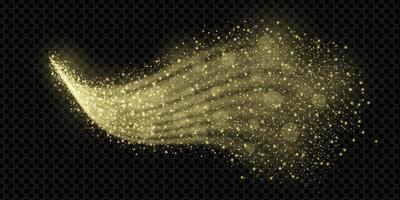 Golden glitter trail with sparkles and stardust swirl on dark background. Magical light effect with shimmer, confetti and glow. Perfect for festive Christmas or fairy themed design. vector