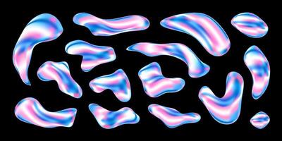 3D liquid shape set with chrome, glass and holographic elements. Iridescent blobs, puddles, drops and bubbles in abstract Y2K aesthetic. Gradient neon glow textures and fluid forms illustration vector