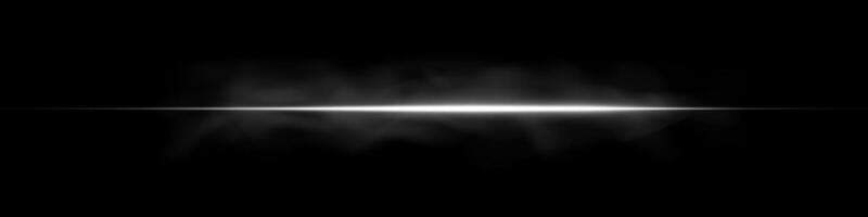White laser light beam. Glowing flare and neon streak on black space bg. Horizontal abstract ray and sparkling trail blend with fog and smoke. Futuristic digital bright energy sparkle design. vector