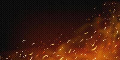Fiery explosion background with burning embers, flying sparks and glowing flames. Dark smoky texture with orange and red heat effect. Dramatic, apocalyptic or magic fire scenes bg. vector
