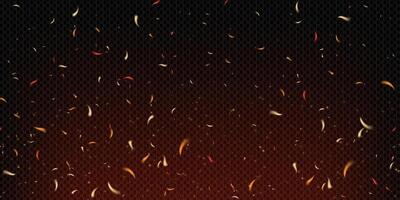 Realistic fiery background with glowing flames embers and flying sparks. Dark burnt texture with smoke and heat effects. Industrial style bonfire and coal elements. Dramatic illustration. vector