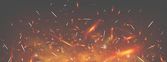 Realistic fire background with glowing embers, sparks and rising smoke. Fiery texture in red, orange and black creates intense heat and danger effect. Industrial power or night scenes backdrop. vector