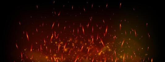 Fiery sparks and glowing embers rise from hot flame on dark background. Burning particles, smoke and flare create intense heat effect. Realistic for danger, grill or industrial fire themes vector