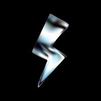 Chrome 3D thunderbolt lightning icon in Y2K style. Metallic silver arrow with electric flash and shock effect. Glossy holographic render with futuristic energy. design on dark background. vector