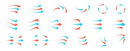 Airflow and ventilation symbol set with red and blue arrows, hot and cold wind streams, fan rotation and filtration icons. Clean transparent illustration for HVAC, purifier or climate systems. vector