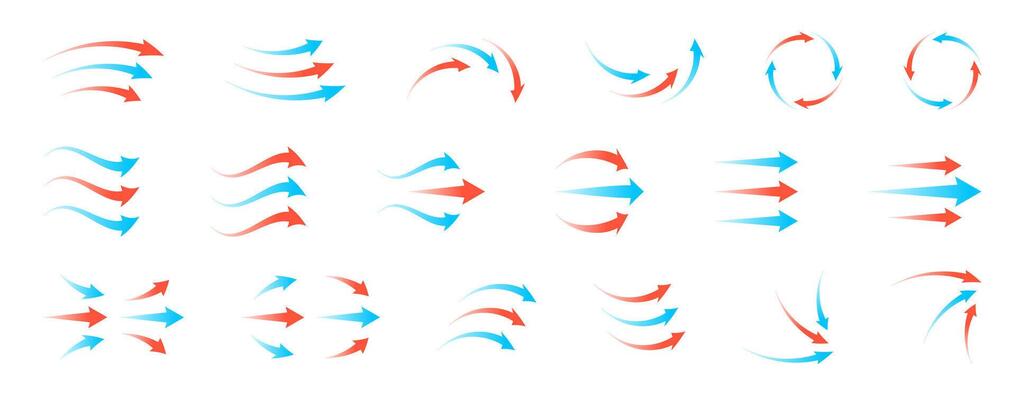 Airflow and ventilation symbol set with red and blue arrows, hot and cold wind streams, fan rotation and filtration icons. Clean transparent illustration for HVAC, purifier or climate systems.