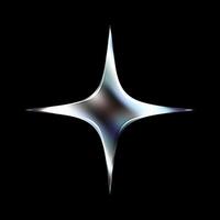 3D chrome star in Y2K aesthetic. Glossy silver metallic shape with holographic sparkle and fluid shine. Futuristic icon with abstract burst effect and cosmic twinkle on black background. vector