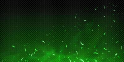 Green fire sparks with glowing embers and toxic poison mist. Magic flame effect on dark background with fog, particles, smoke and neon shine. Abstract fantasy with dust, heat and energy motion. vector