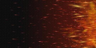 Realistic fiery background with glowing flames, embers and flying sparks. Dark burnt texture with smoke, ash and metal elements. Dramatic posters or hot themed illustrations background. vector