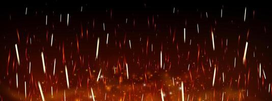 Realistic fire sparks and glowing embers on dark background with smoke and flame texture. Hot orange light and burning particles create magical heat effect. Fireplace, grill or power theme vector