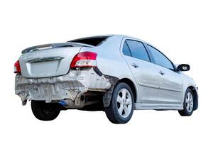 Car crash, back view of silver sedan car get damaged by accident on the road. damaged cars after collision. isolated on white background wiht clipping path,car crash bumper for graphic design photo