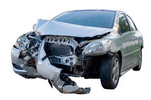 Car crash, Front view of gray sedan car get damaged by accident on the road. damaged cars after collision. isolated on white background wiht clipping path,car crash bumper for graphic design photo