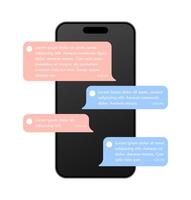 Messaging app chat bubble illustration on smartphone screen. Chatting conversation black display mobile phone vector