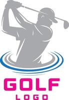 Dynamic golfer swinging club with abstract blue gray swirls logo vector