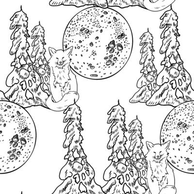 Seamless pattern with fox and moon among snowy pine trees hand drawn black white outline . Monochrome sketch winter forest repeated background for Christmas prints and woodland themed decor.