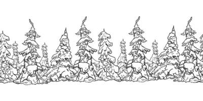 Winter trees line on repeated border, hand drawn black white outline illustration of snowy spruce. Woodland seamless edge for Christmas greeting cards, rustic branding, minimal holiday design. vector