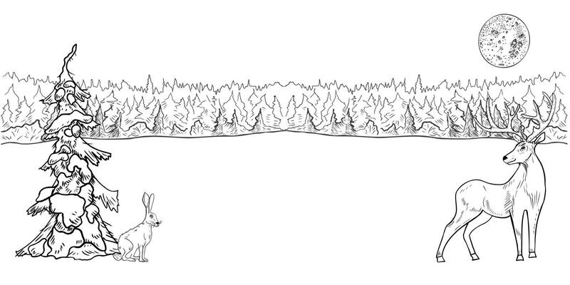 Winter forest border with snowy pine trees, moon and woodland animals hand drawn black white contour . Landscape scene with reindeer and hare painted monochrome sketch for Christmas cards.
