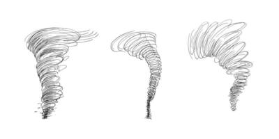Black and white tornado outline sketch in energetic pen strokes. Abstract ink art of swirling wind motion in hurricane for logos, posters and sci fi themes. Spiral minimalist line illustration. vector