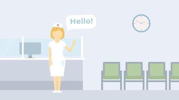 Reception desk in modern office, animated lobby scene, front desk with receptionist footage video