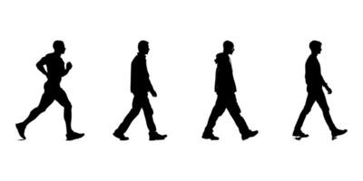 Silhouetted Human Figures In Motion Icon Set. Walking And Running Posture Symbol Collection. Fitness, Lifestyle, And Movement Visuals. Isolated Illustration vector