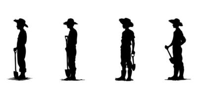 Farmers With Shovels Silhouette Icon Set. Agricultural Work And Labor Theme Solid Symbol Collection. Farming And Gardening Visuals. Isolated Illustration vector