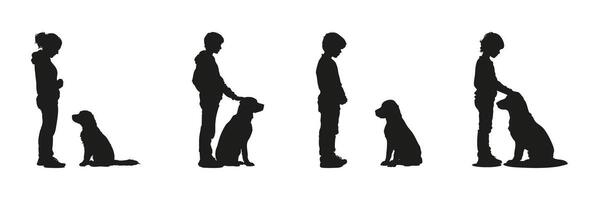 Human And Dog Interaction Silhouette Set. Pet Training And Bonding Symbol Collection. Animal Care And Relationship Use. Isolated Illustration vector