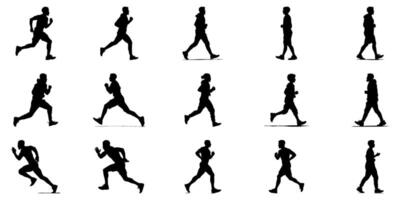 Running And Walking Human Silhouette Icon Set. Dynamic Movement And Exercise Symbol Collection. Fitness And Sports Visuals For Health And Wellness. Isolated Illustration vector
