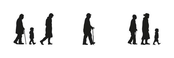 Family Generations Walking Silhouette Set. Intergenerational Bonding And Life Stages Symbol Collection. Social And Educational Use. Isolated Illustration vector