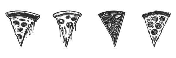 Pizza Slice Variations Silhouette Set. Artistic Pizza Toppings And Styles In Black And White. Isolated Illustration Collection vector